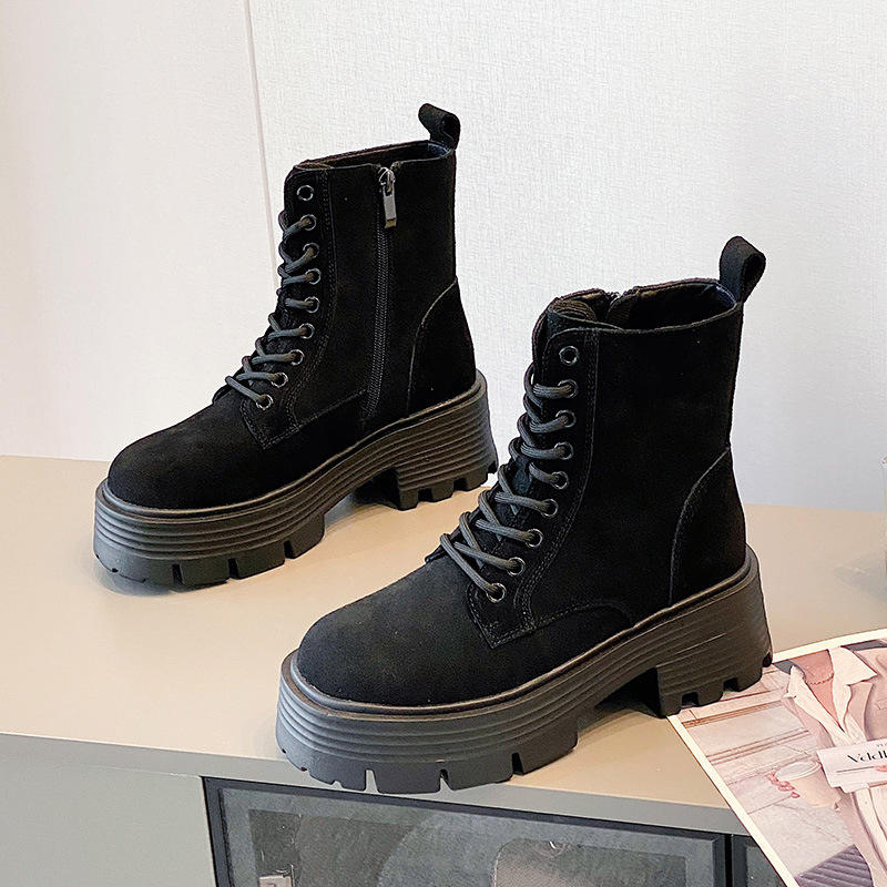 Martin Women's 2024 Autumn/Winter New Thick Sole Genuine Short British Reverse Fleece Leather Fashion Versatile Motorcycle Boots