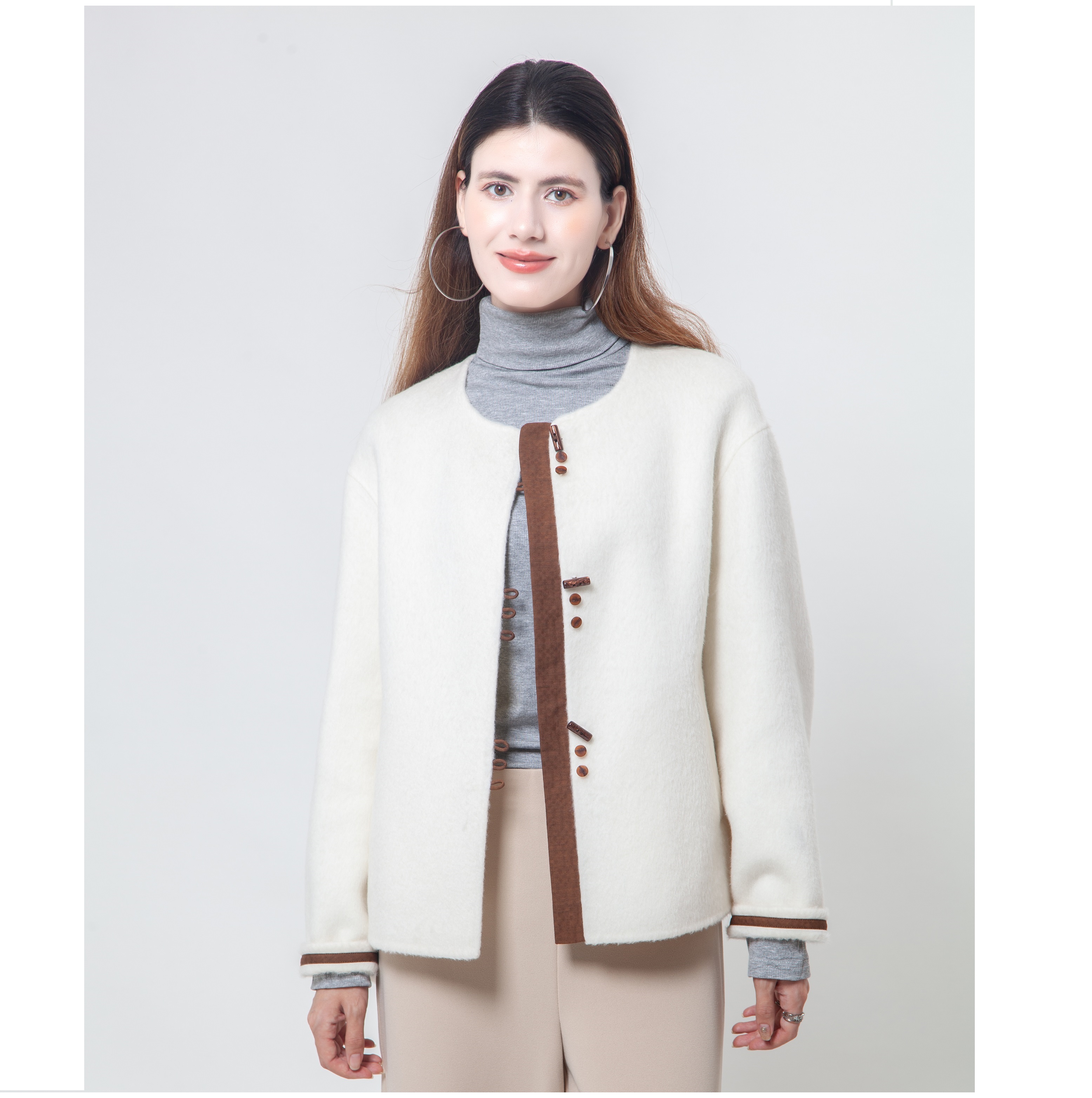 Women's Embroidered Wool Coat - Color Contrasting Collarless Overcoat with Scarf for Winter Warmth (2024 AW Collection)