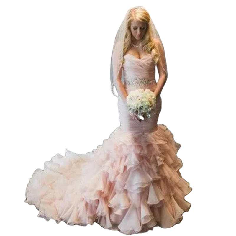 2024 Blush Pink Tiered Mermaid Wedding Dresses Pleats Sweetheart Neckline Long Gorgeous Bridal Gowns With Crystals Beaded Sash Back Lace-Up Garden Bri