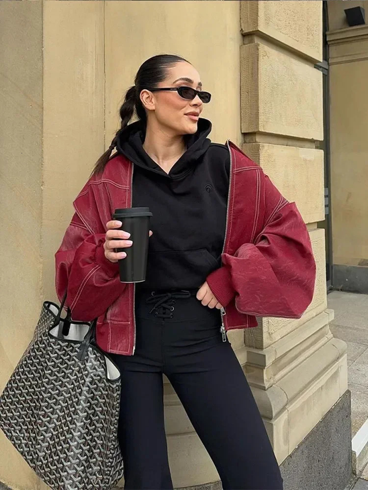 Fashion Lapel Long Sleeve Bomber Coats For Women Vintage Red Zipper Leather Jacket 2024 Autumn Winter Lady Street Casual Outwear 241106