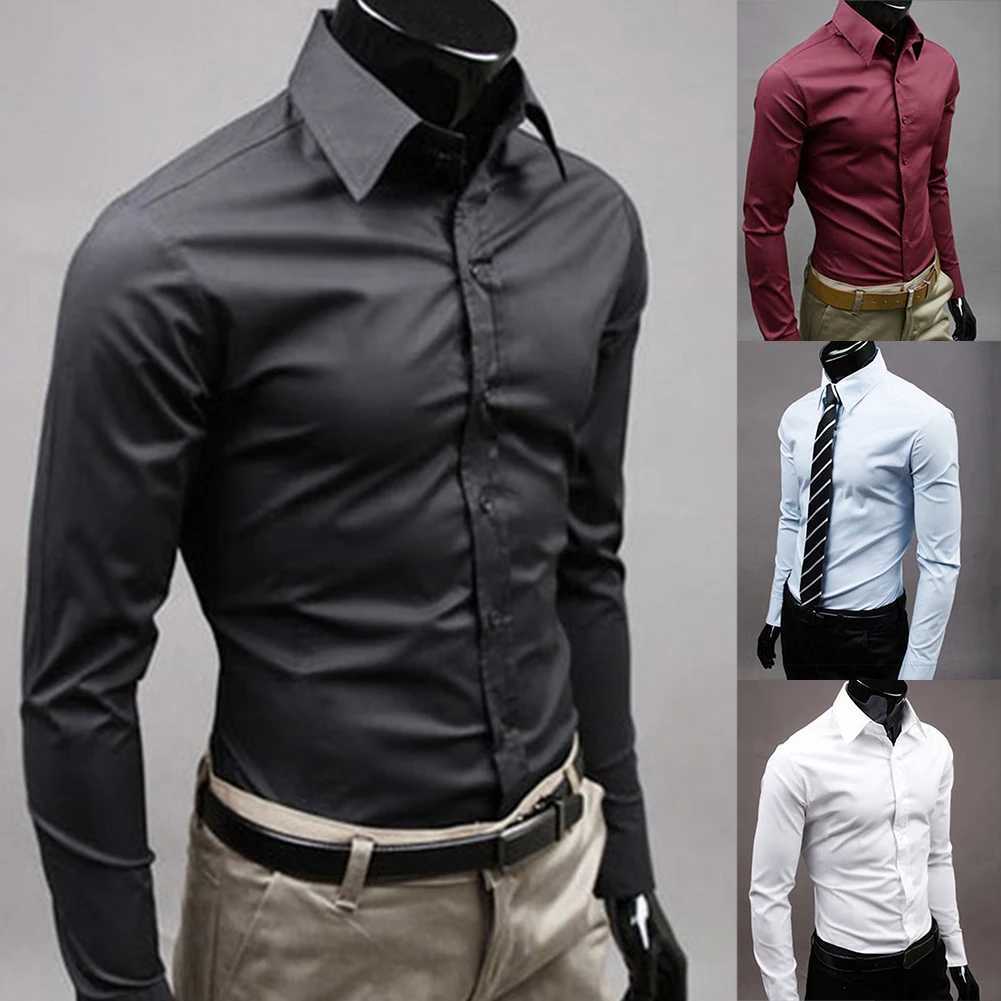 Mens luxury casual social formal shirt collar long Sve ultra-thin solid color mens business dress shirt top W241106