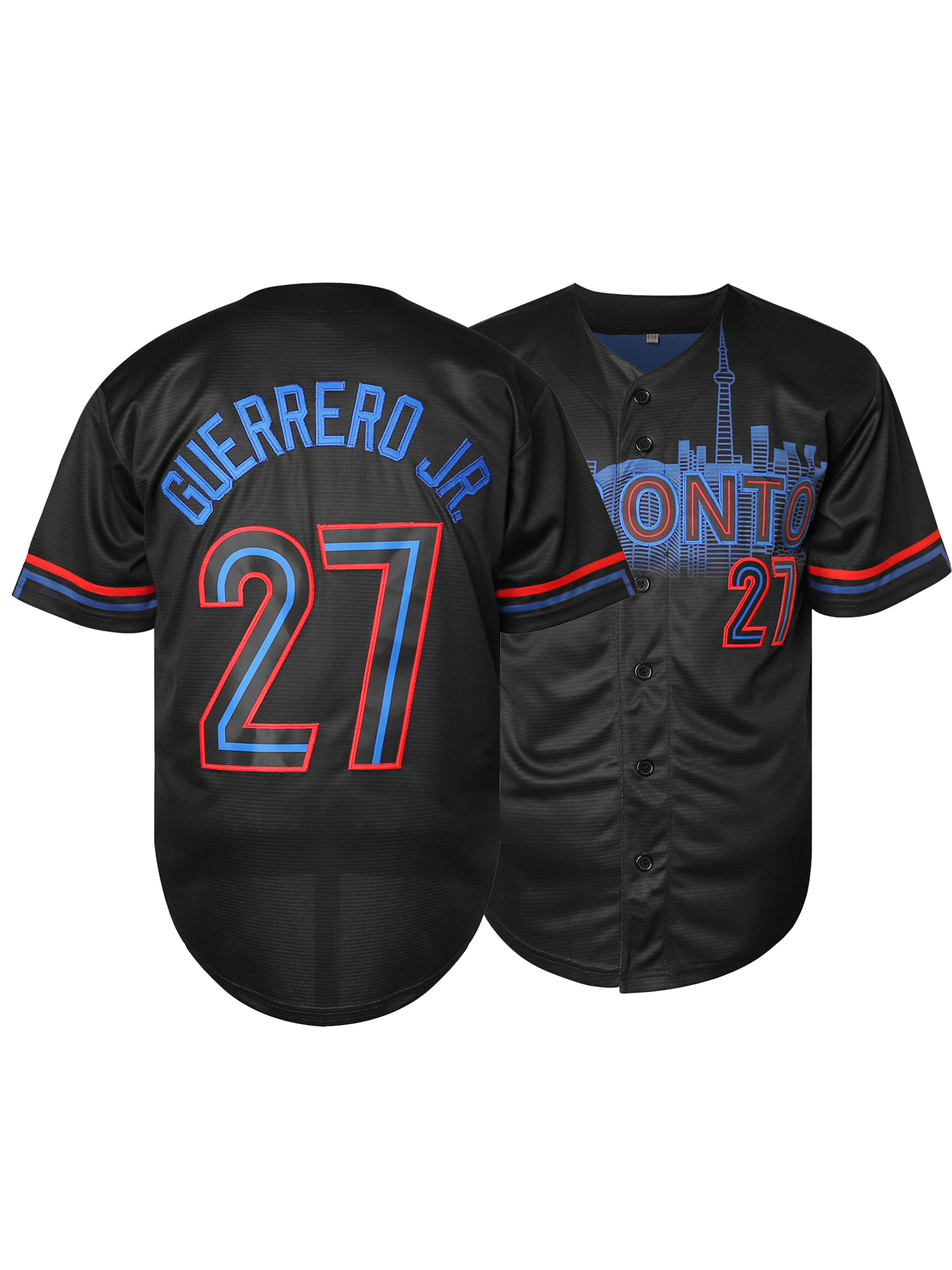 Stitched 27 Guerrero Jr. Black Baseball Jersey Embroidery V Neck Short Sleeve Baseball Shirt, Breathable Button-Up Sports Uniform For Training Competi