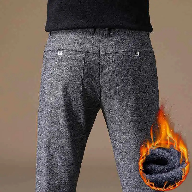 Thick and plush casual pants for men slim fit straight leg Korean style trendy versatile elastic checkered long 241104