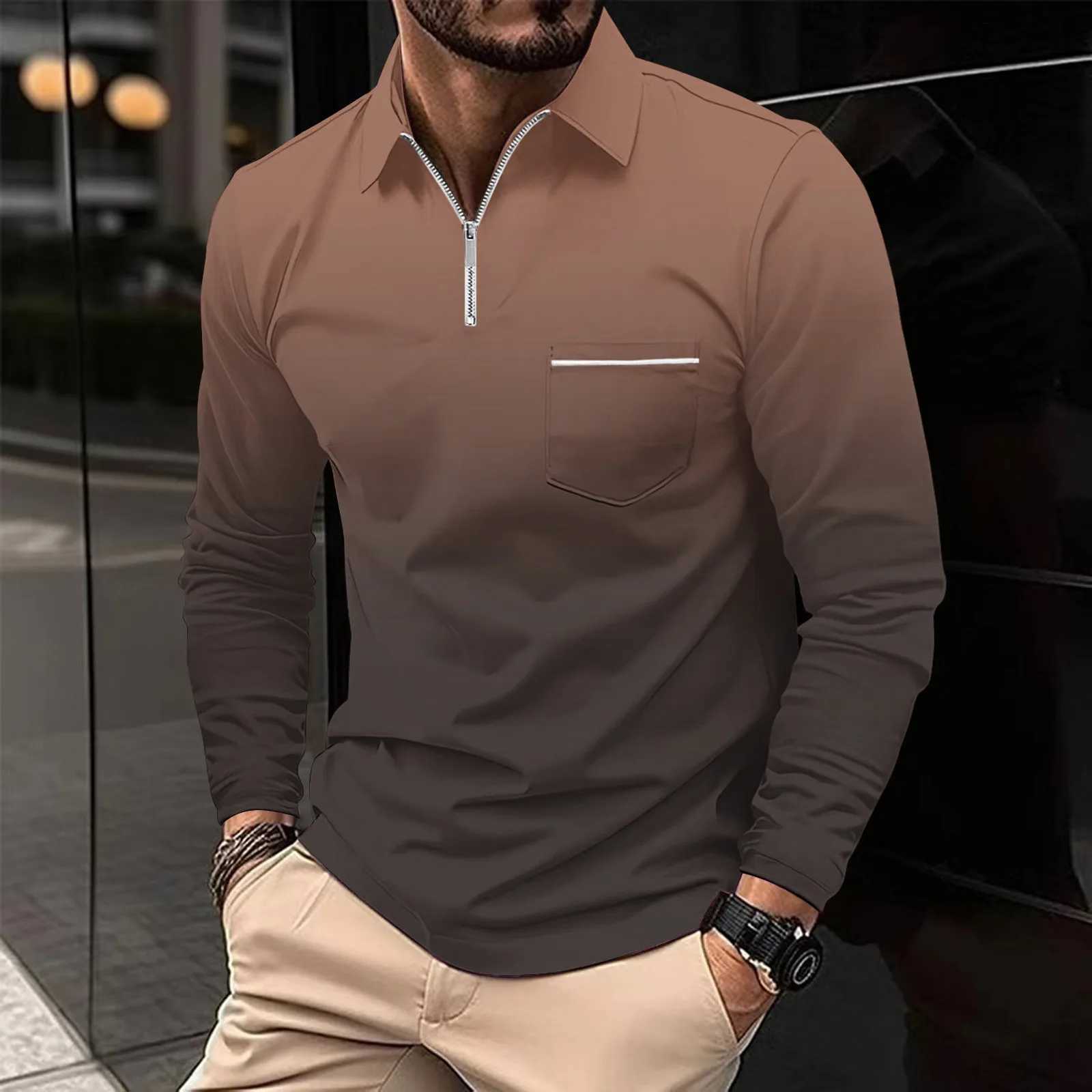 Spring and Autumn Mens Sports Long Sleeve Sve Collar Colorful Shirt Quty Slim fit Knitted Zipper Pocket Shirt W241106