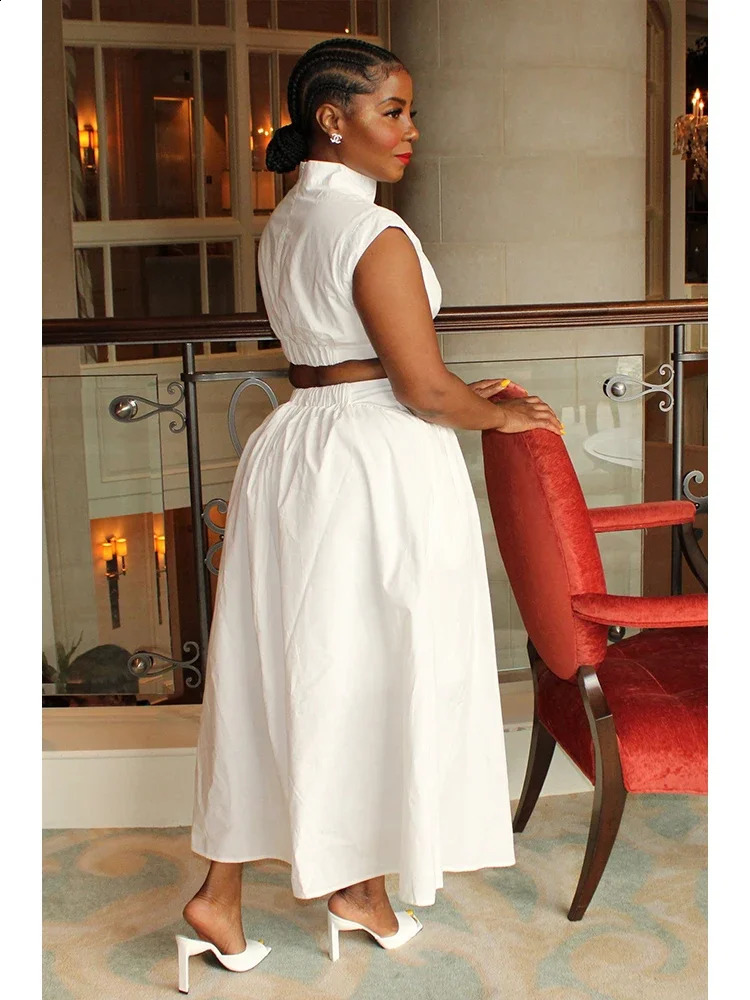 Summer Dresses Mock Neck Sleeveless Cutout White Maxi Dresses A-line Elegant Pockets Casual Party Hollow Out Long Dress