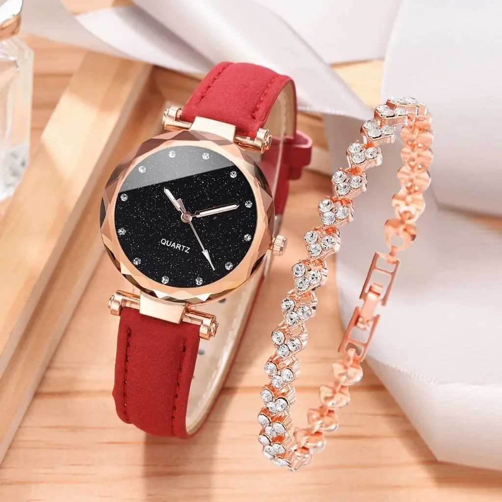2-piece luxury fashion watch set with PU leather strap womens quartz watch Rhinestone rose gold alloy bracelet womens gift X241106