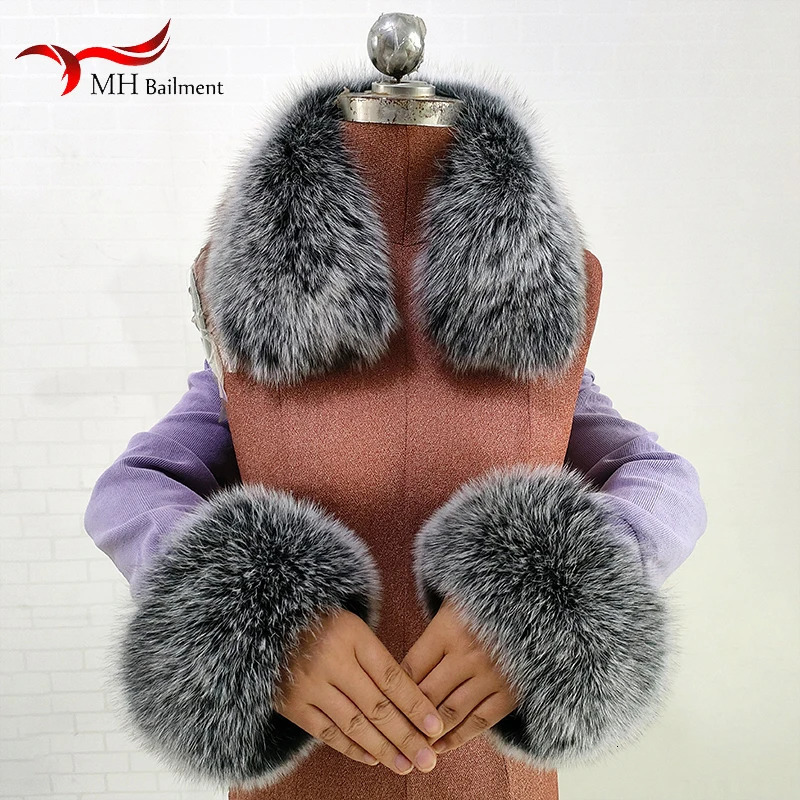 Fox Fur Square Collar Genuine Fur Cuff Set Womens Winter Thick Warm Fashion Scarf Cuff Matching Coat Accessories 241216