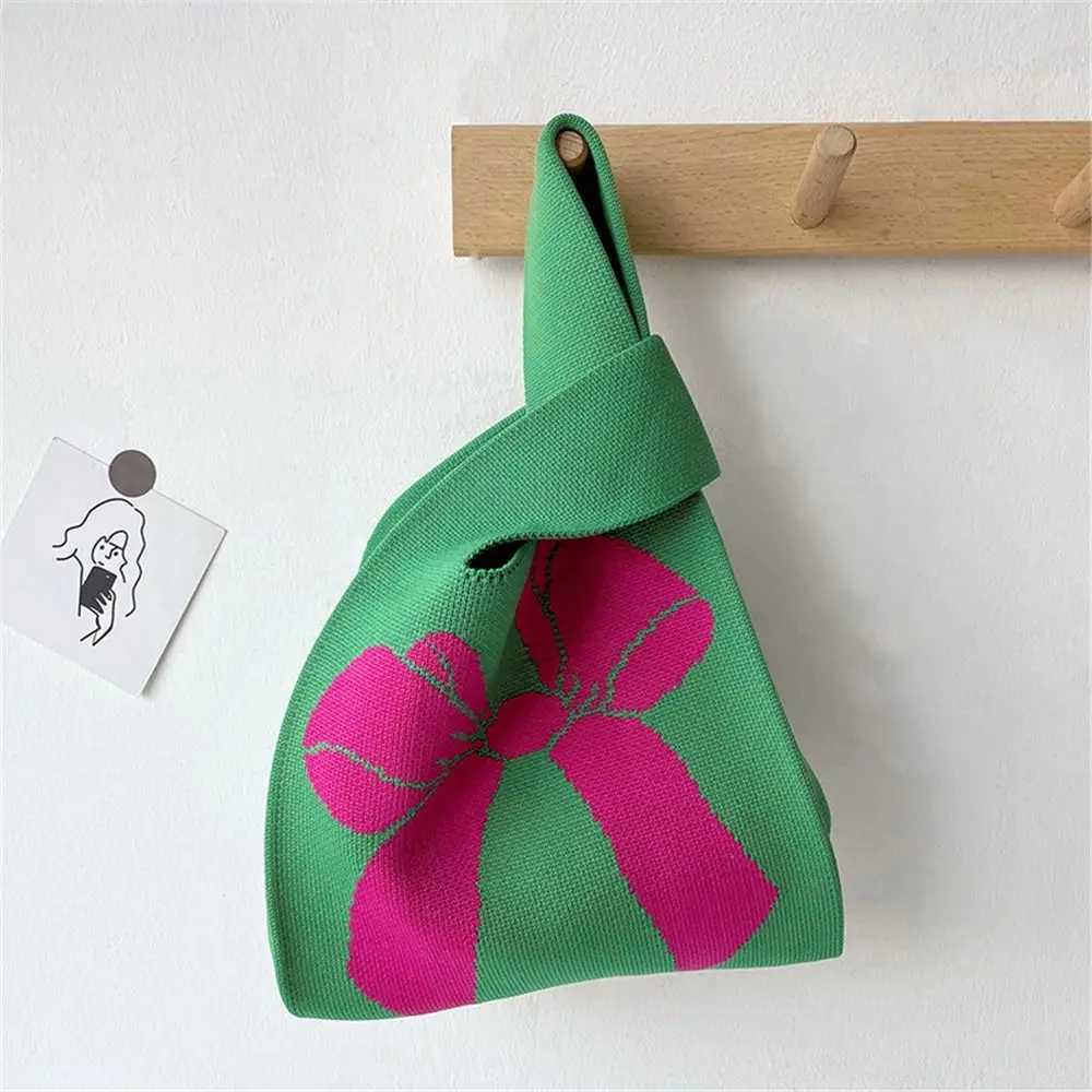 Reusable womens knitted handbags casual handmade wrist bags knot handbags bows shopping bags outdoor ragtag accessories Y241106