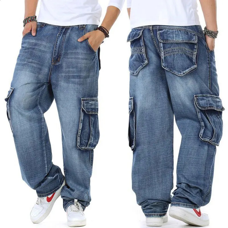Large Size Loose Jeans Men Denim Pants Straight Pocket Baggy Casual Streetwear Hip Hop Blue Wide Leg Cargo Trousers 241105