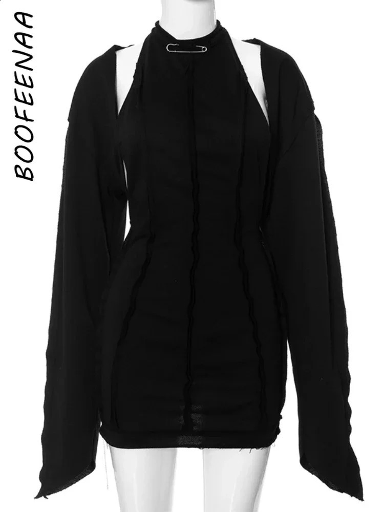 BOOFEENAA Black 2 Piece Suits for Women Long Sleeve Cardigan and Halter Mini Dress Sets Sexy Clubwear Outfit C85EZ45 240401