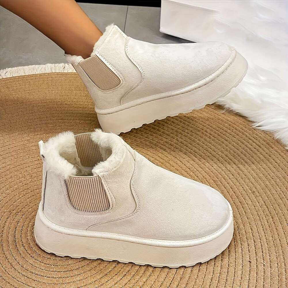 Trendy Winter Comfort: Women's Slip-On Warm Fleece-ed Boots, Non-Slip Flat Platform in Chic Solid Color