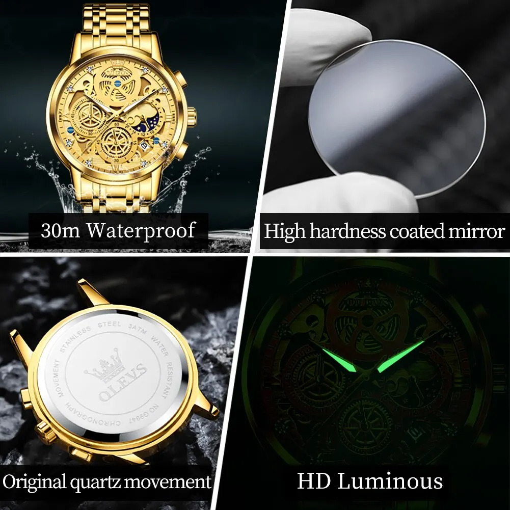 OLEVS Mens Watch Top Original Waterproof Quartz Watch Mens Gold Skeleton Style 24-hour Day and Night Watch 241105