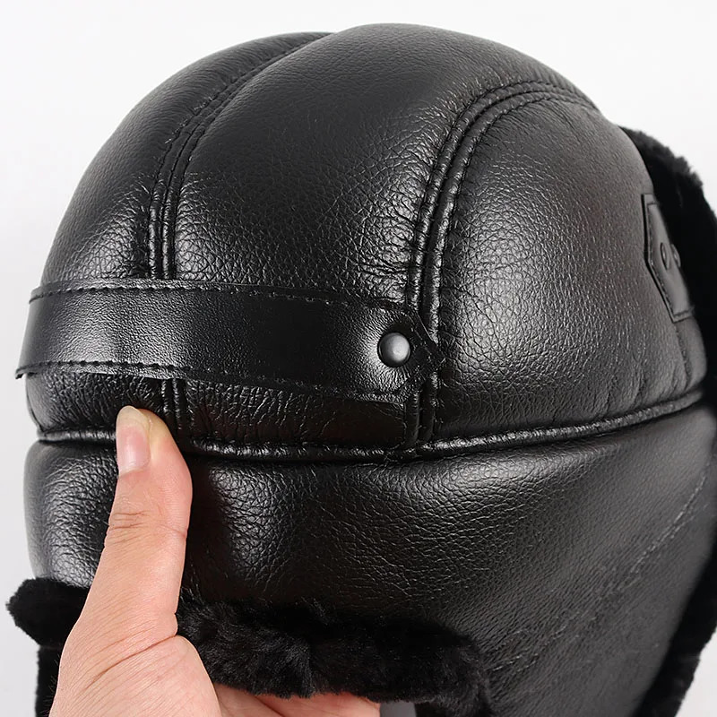 Earflap hat winter hat men autumn black Pu leather hat warm Wusanka Russian faux fur bomber pilot trap hat men 241106