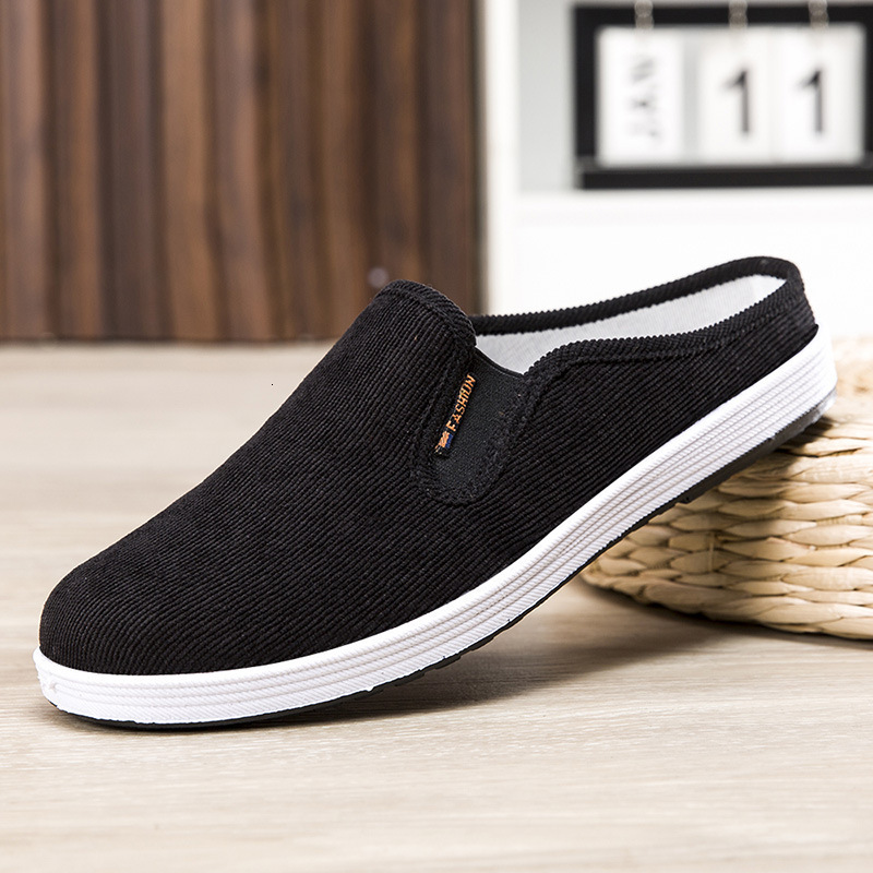 Summer cloth slippers, casual, breathable, versatile board shoes, one foot pedal, no heel, half drag, anti slip men's shoes