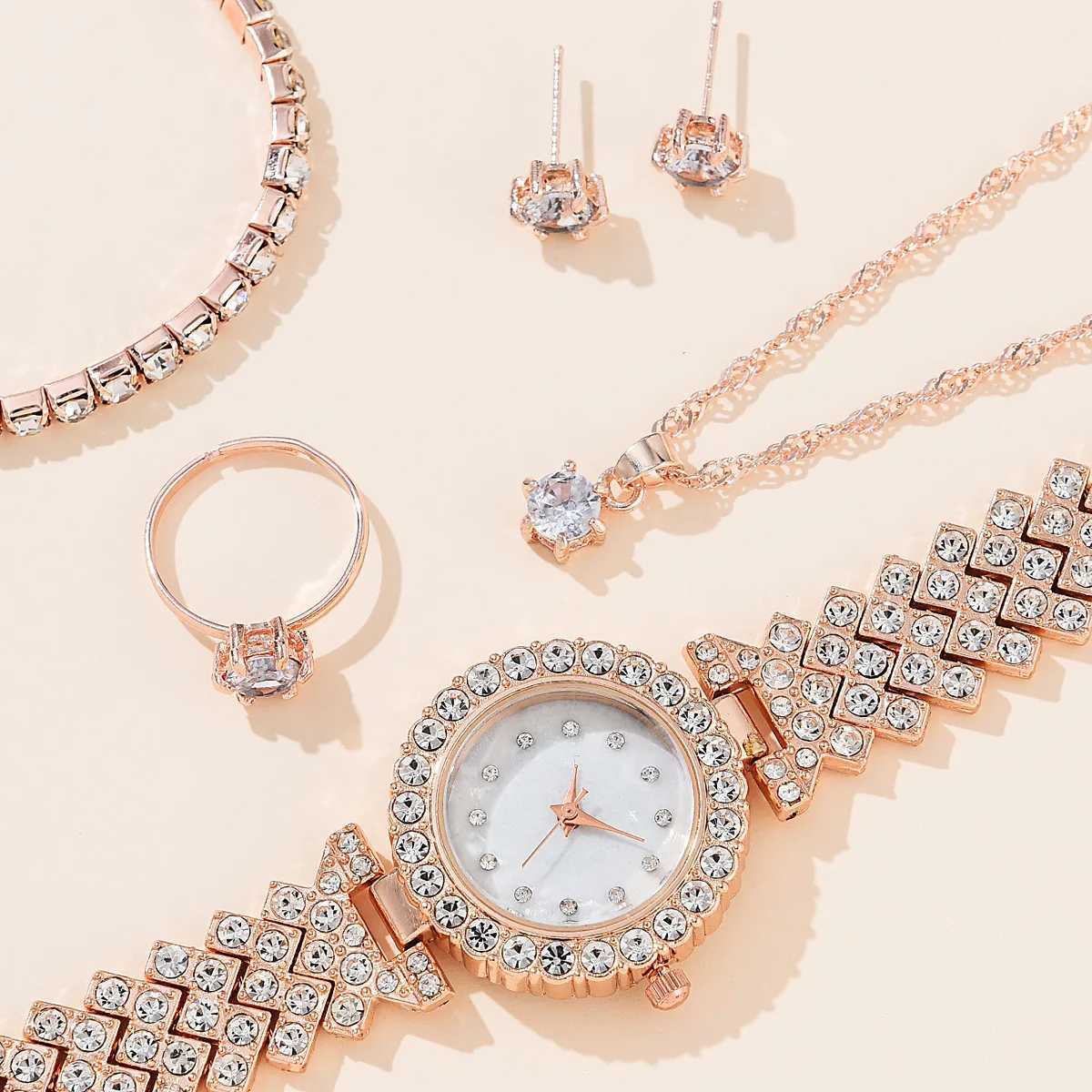 Luxury watch necklace earring bracelet set silver leather strap ladies quartz watch no box X241106