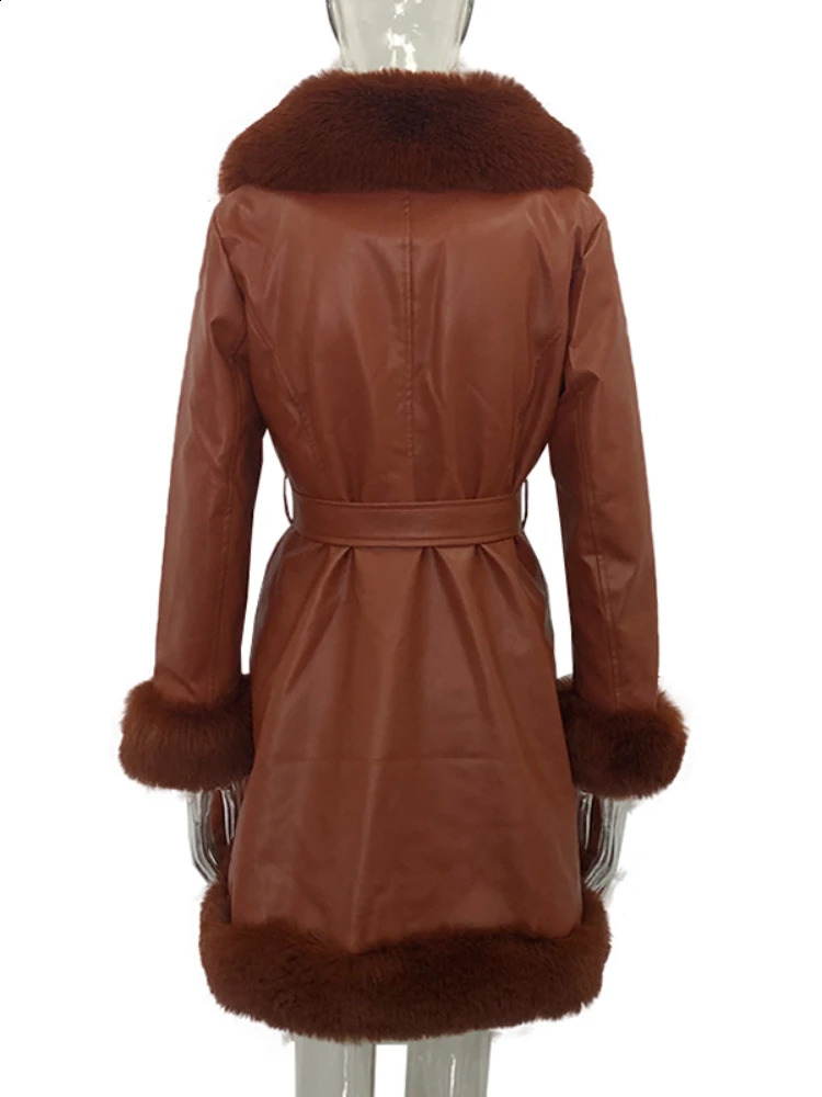 RR2076 PU Leather Long Jackets Women Fashion Tie Belt Waist Coats Elegant Side Pockets Faux Fur Female Ladies 241104