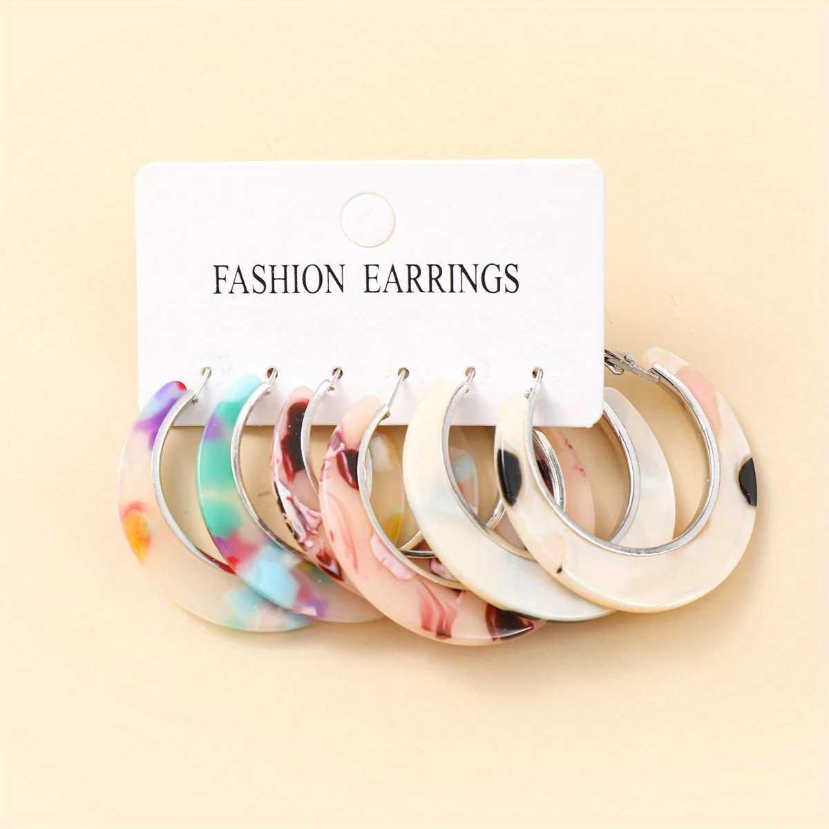 Acrylic earrings 3 pairs of patterned resin ring earrings C-shaped earrings indicating earring set fashionable jewelry X241106