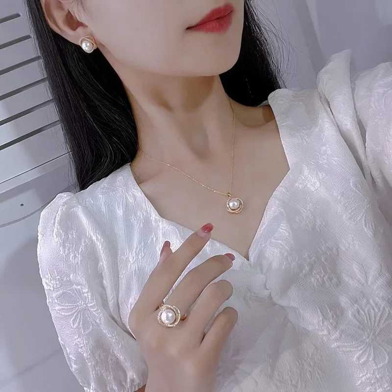 Newly inlaid zircon pearl necklace ring and earring set suitable for daily accessories party jewelry birthday gifts and more X241106