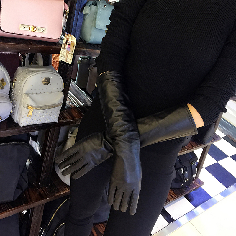 Long gloves Women's Genuine Leather Gloves Black Long Sheepskin Glove Over Elbow 40cm50cm60cm Ladies Mittens Winter Velvet Warm Fashion Arm Sleev