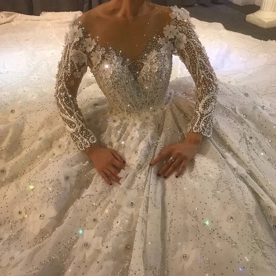Beads Wedding Dress Illusion Lace Sequins Bridal Gowns Long Sleeves Crystals Robes 3D Floral Brides Gowns Vestido De Novia