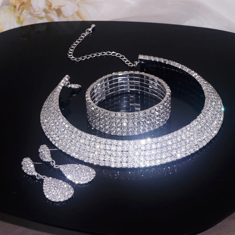 round rhinestone necklace set womens classic silver necklace bracelet earring jewelry set brides wedding jewelry set 241106