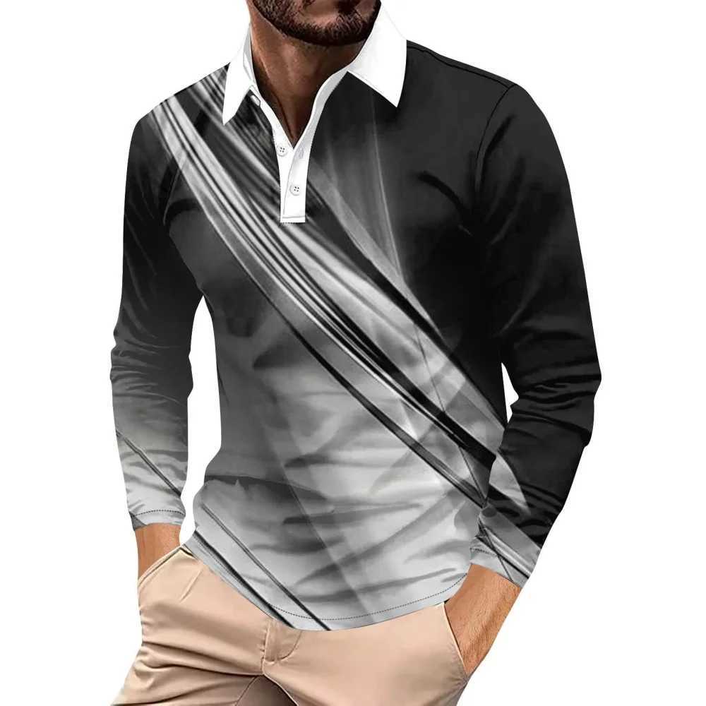 Mens Shirt Cool Geometry 3D Printing Strt Fashion Collar Graphic T-shirt Mens Top Casual Button Mens Long Sve T-shirt W241106