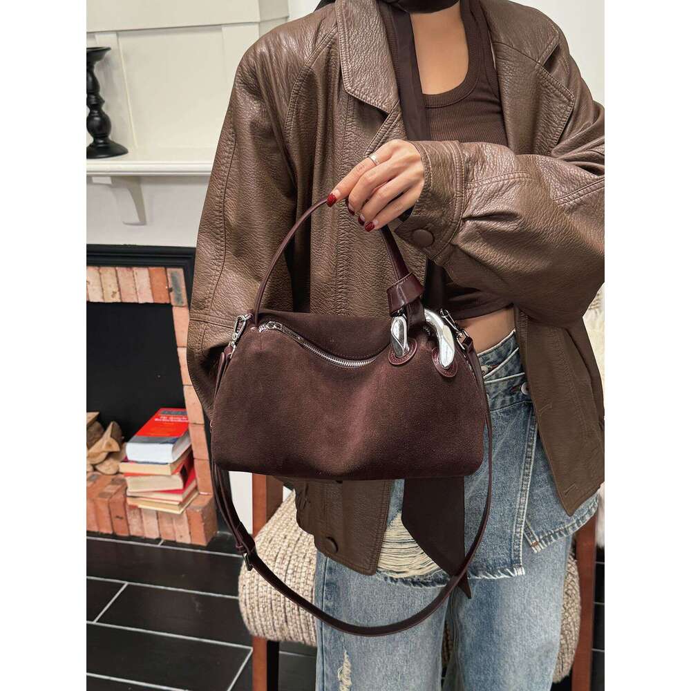 womens genuine leather, high-end feel, frosted suede handbag, commuting shoulder crossbody bag, niche design, 2024 new model best quality