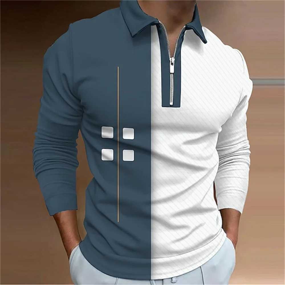 Patchwork Pattern Print Shirt for Men Ventilate Lapel Wear Mens T-shirt Top Comfortable Zipper Sports Long Sve Clothing W241106