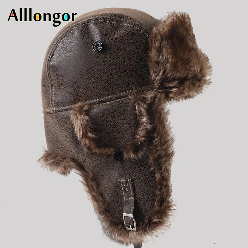 Russian mens winter hat with earmuffs Ushanka warm Pu leather earmuffs bomber hat faux fur snow hat pilot hunting hat 241106