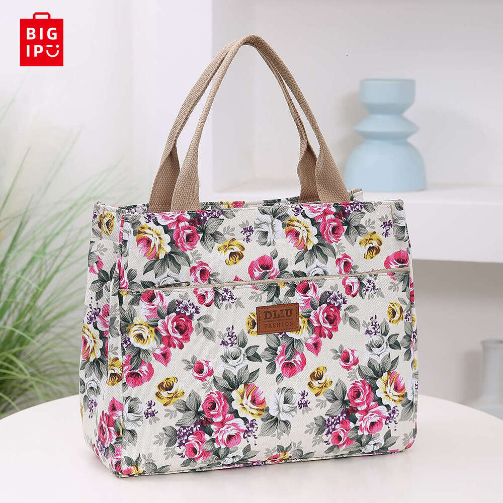 Designer Bag Fashion Floral Print Tote Bag, Portable Canvas Lunch Bag, Women's Casual Handbag & Bento Mommy Bag For Picnic Travel