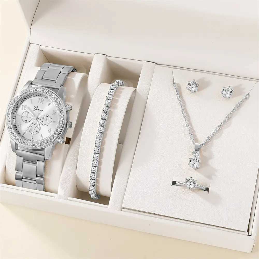 6-piece luxury watch necklace earrings rhinestones fashionable watch casual womens watch bracelet set clock X241106