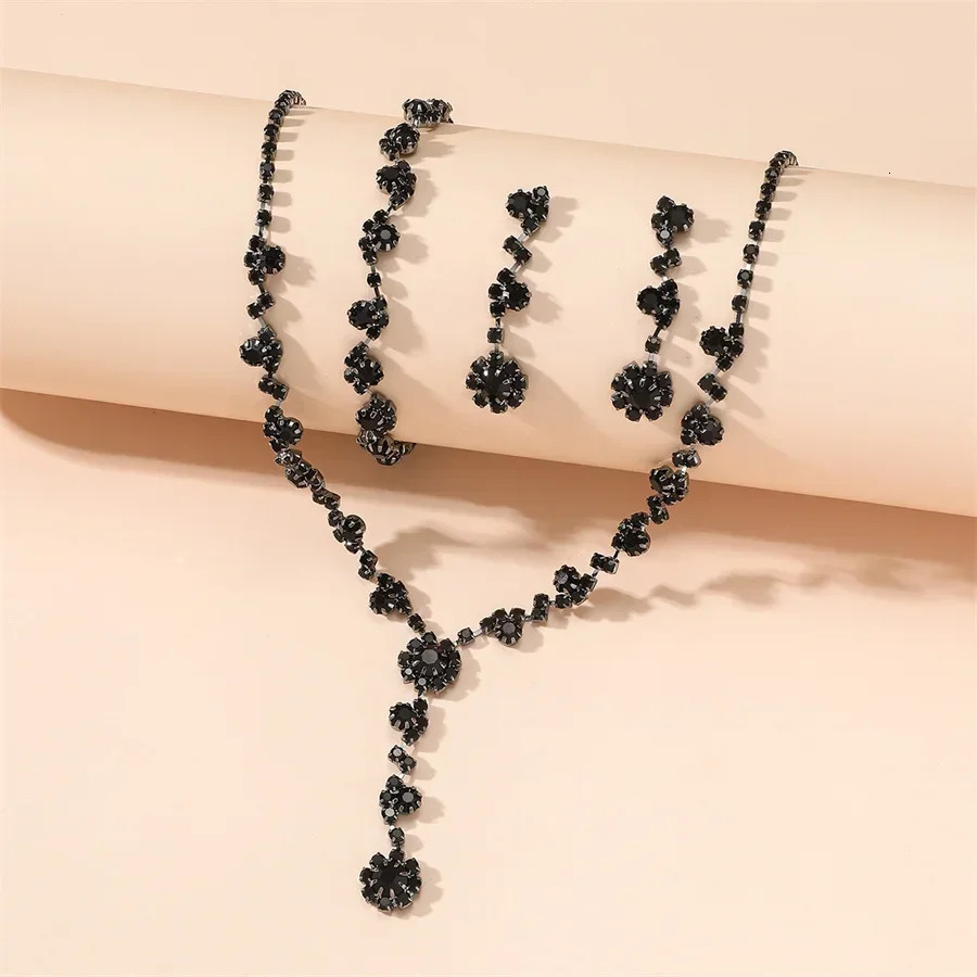 FYUAN Exquisite Black Silver Color Crystal Necklace Earrings Bracelet Long Tassel for Wedding Jewelry Sets 241106