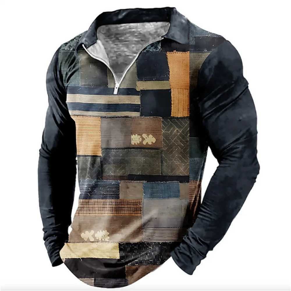 Retro mens 3D printed color long Sved zipper shirt autumn outdoor fashion clothing oversized breathable T-shirt W241106