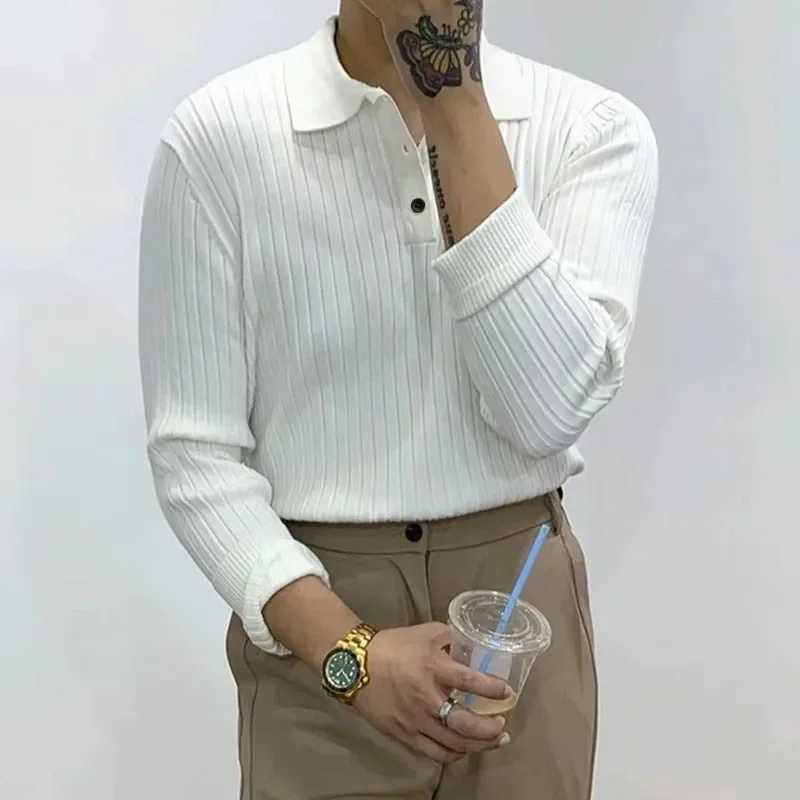 Autumn Long Sve Knitted Mens Fashion Ribbon Solid Color Ultra Thin T-shirt Knitted Mens Casual Button Collar Zipper W241106