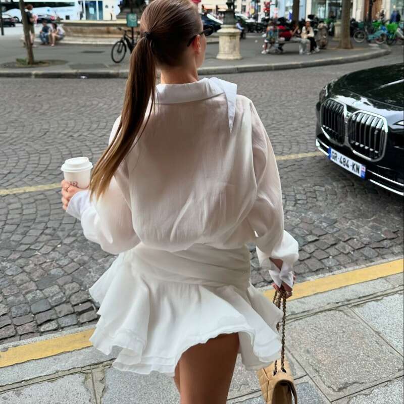 Talenza See-Through Chiffon Casual Women's Summer Loose Slim Shirt Solid Color Long Sleeve Ruffle Mini Dress