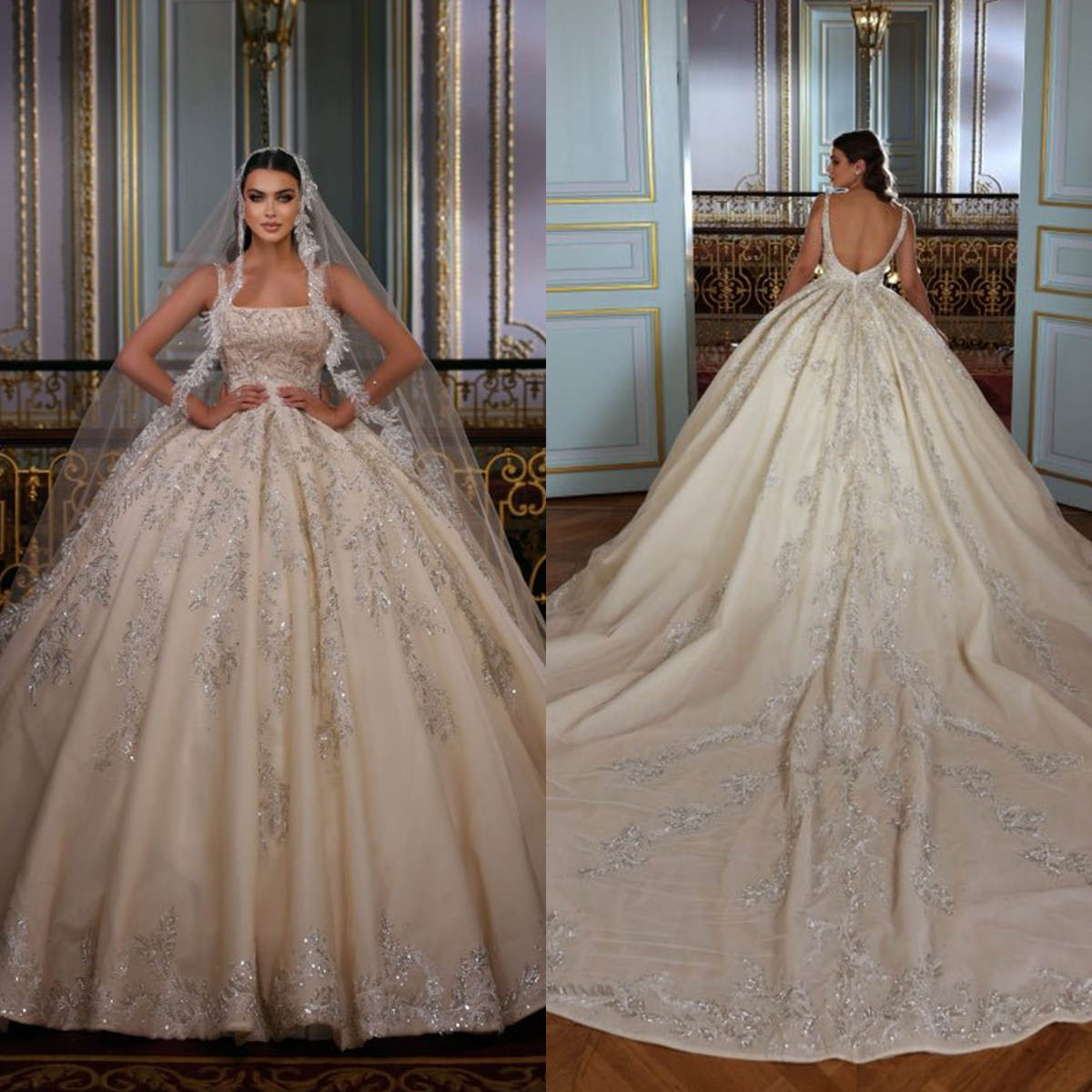 Gorgeous Square Neck Ball Gown With Veil Sequins Beaded Appliques Wedding Dress Customized Long Sweep Train Bridal Dresses
