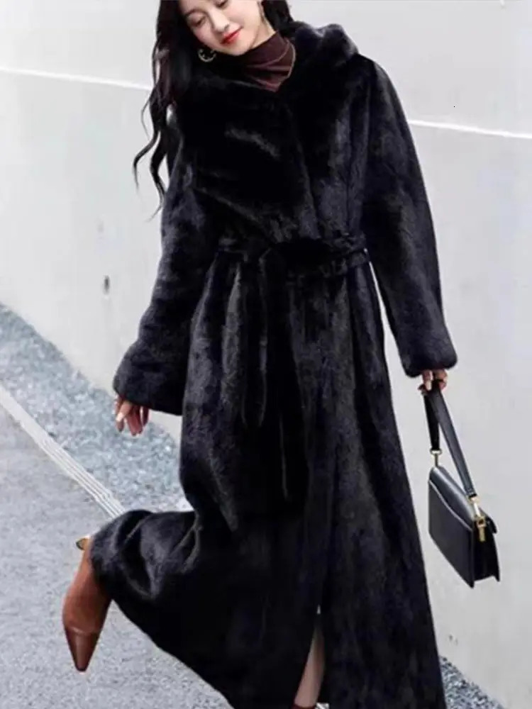 Thicken Faux Fur Long Coats Women Hoodies Oversize Sleeve Lady Elegant Jacket Winter Warmer Female Streetwears 241104