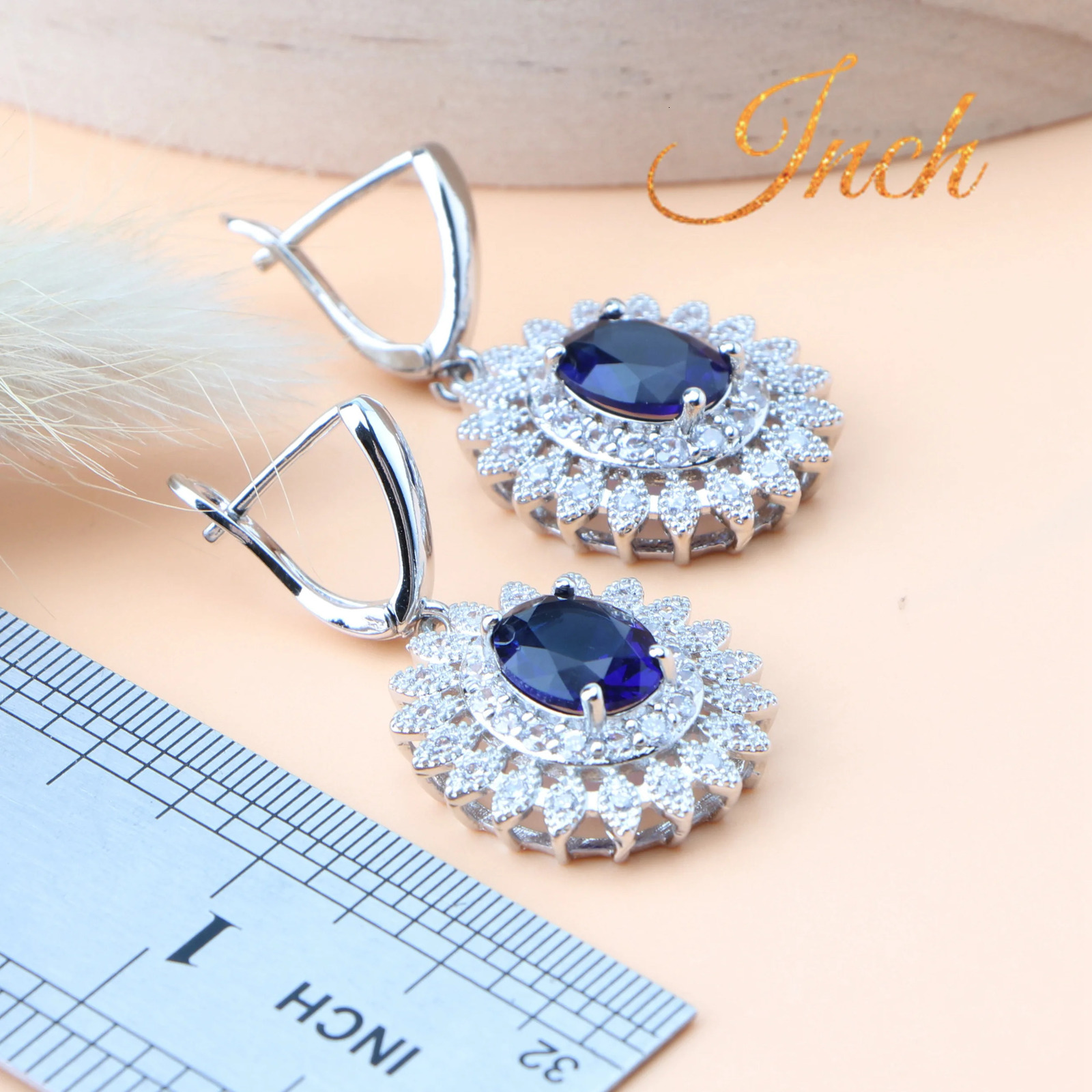 Natural Bridal Jewelry Set Silver 925 Jewelry Ring Pendant Necklace Earrings Wedding Blue Cubic Zircon Set 241106