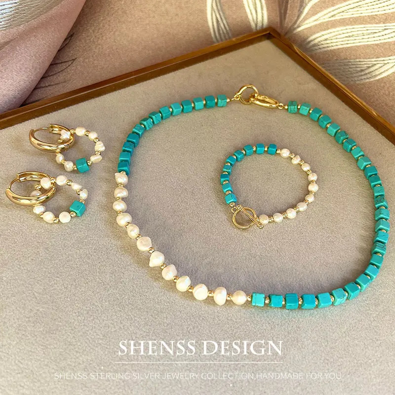 Jewelry Set Natural Freshwater Pearl Blue Turquoise Necklace Bracelet Earrings Copper Plated 14k Gold Accessories Jewelry 241106