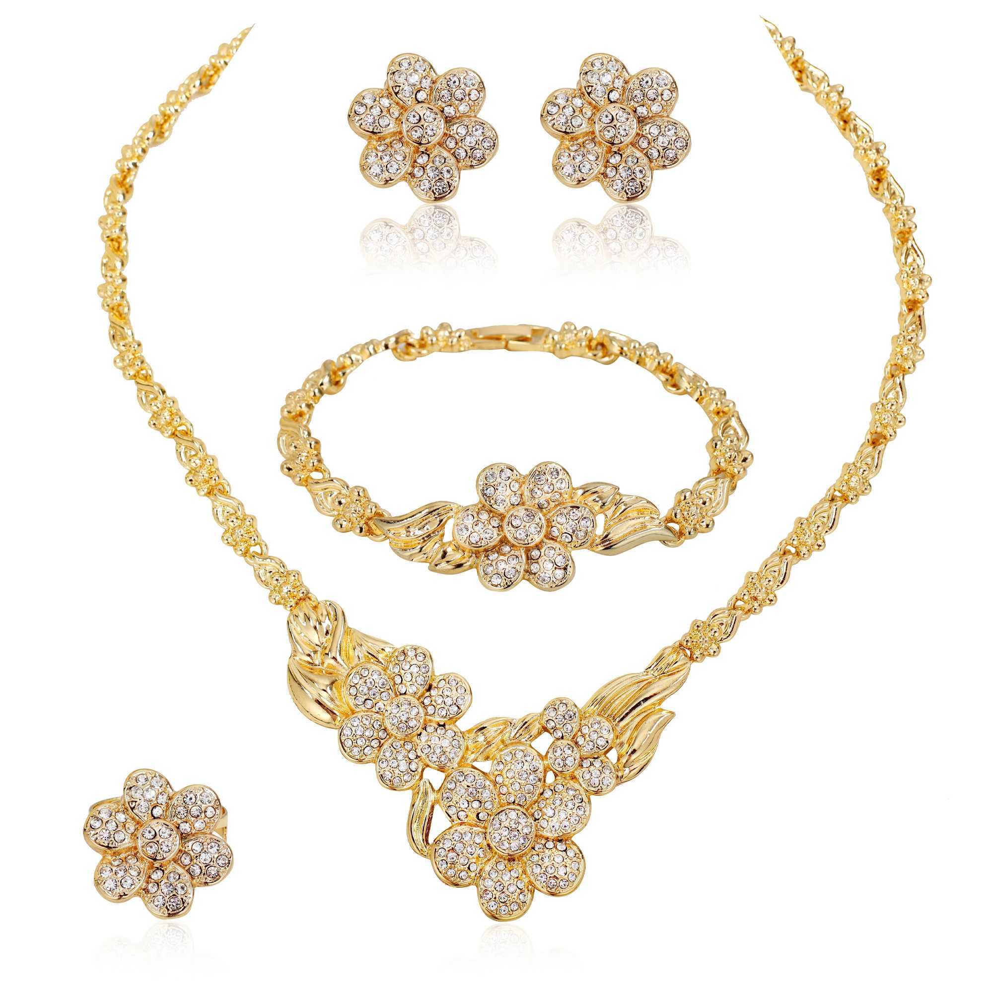 Elegant Wens jewelry set featuring exquisite flower pendant necklaces earrings rings and gold-plated bracelets as holiday gifts X241106
