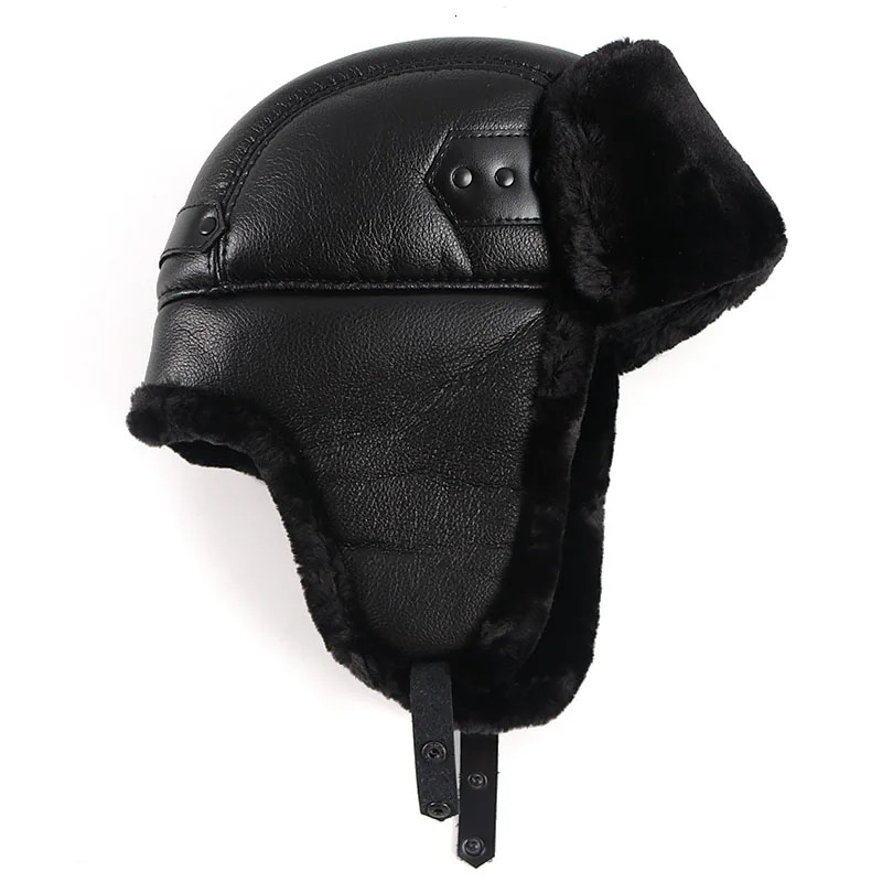 Earflap hat winter hat men autumn black Pu leather hat warm Wusanka Russian faux fur bomber pilot trap hat men 241106