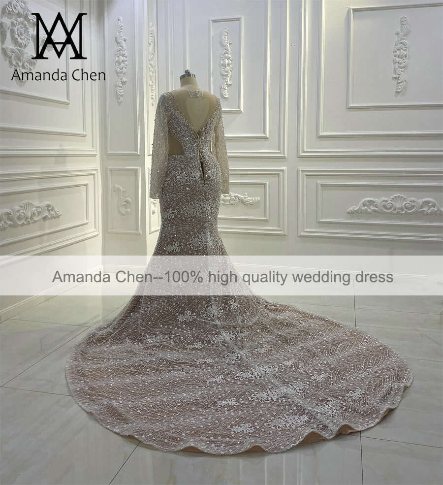 Popular Long Sleeve Beading Champagne Mermaid African Wedding dress