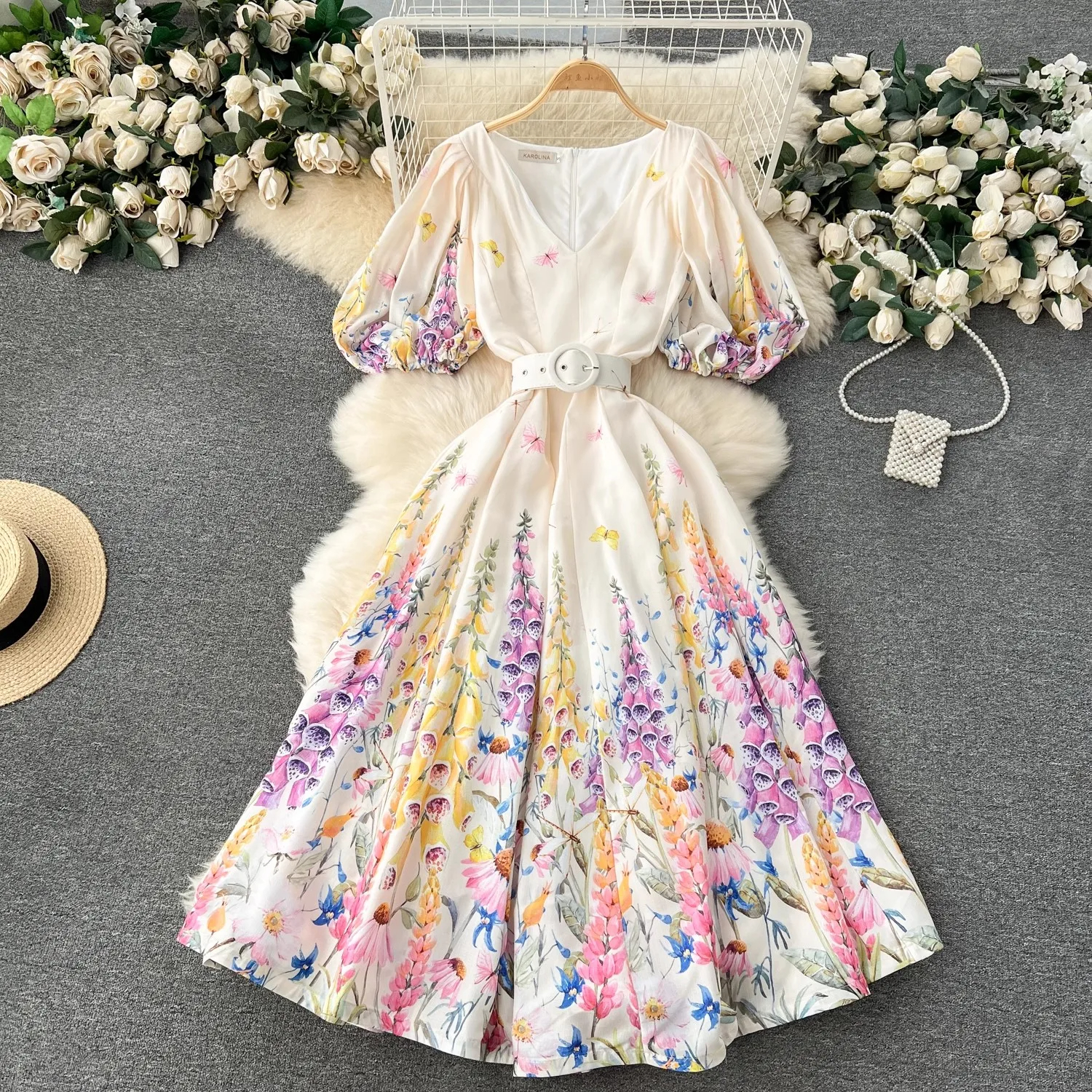 Dresses Fashion Summer Holiday Ral Print Robe Dress Short Puff Sleeve V-Neck A-E Belt Beach Party Vestidos Women En Maxi Clothes