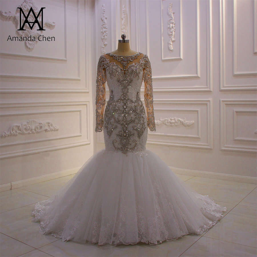 mariage Long Sleeve Lace Appliques Crystal Mermaid Wedding Dress