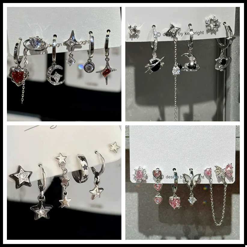 6-piece Gothic Red Crystal Star Black Pentagram Pendant Earrings for Vintage Aesthetic Trendy Y2K Jewelry Accessories X241106