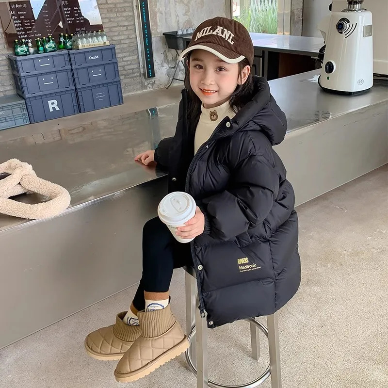 Winter 110-170cm girl long thick warm long park with pocket childrens hooded jacket two tone 241106