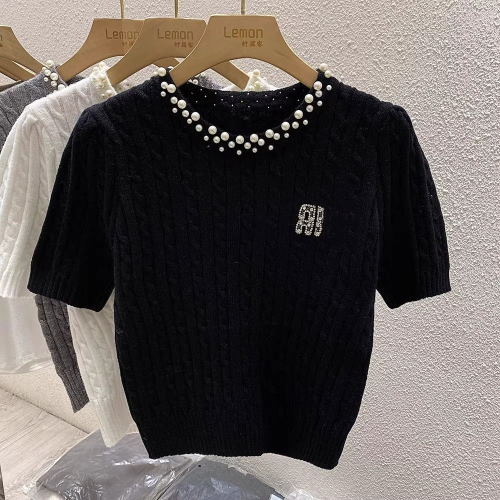 New Design women's o-neck short sleeve rhinestone letter pattern beading knitted tees SMLXL