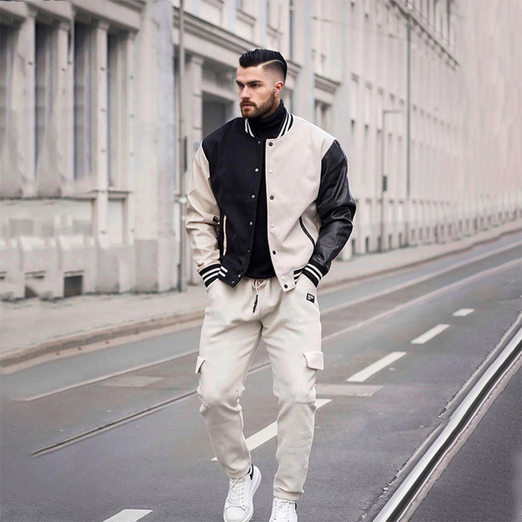 HL Custom Wholesale Wool Shell Letterman Bomber Jacket White Black Combo Faux Leather Sleeves Colorblock Varsity Men's Jacket