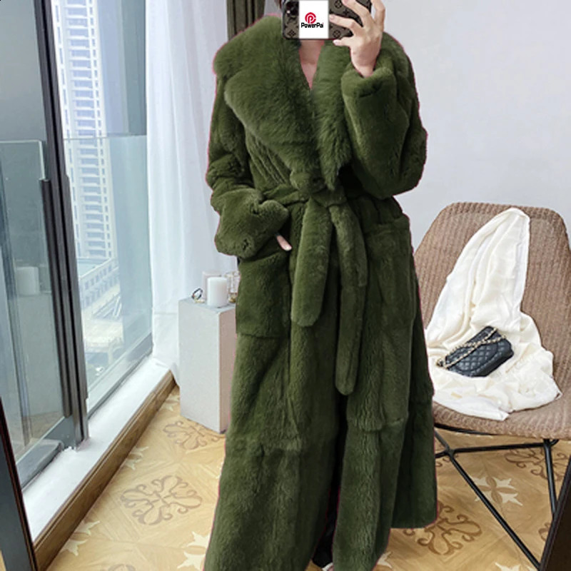 Fashion Elegant Soft Faux Fur Coat Long Warm Overcoat Winter Women V Lapel Greatcoat Belt Pockets Loose Parka 9 Colors 241104