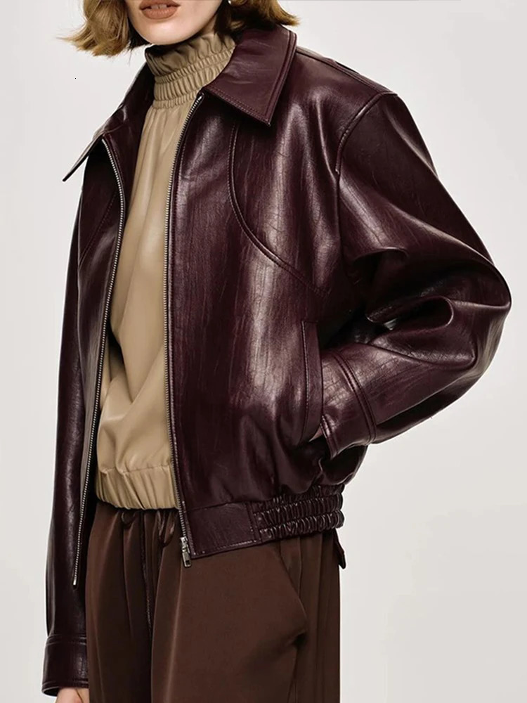 Vintage Leather Womens Jacket Solid Color Short Jackets Coats Women Fashion Casual Turndown Jacket Autumn Womens Coat 241106